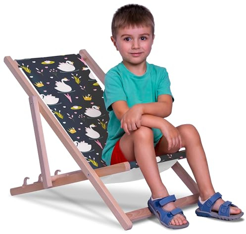 DreamRoots Kinder Liegestuhl Holz Gr. S, Swan Lake | Klappbarer Campingstuhl faltbar, für Garten & Strand, bis 130 kg, waschbarer Bezug, 100% Polyester, UV-beständig, Kinderliege