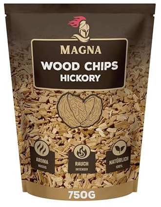 Magna Premium Wood Chips - 750 Gramm - Räucherchips, Smokerchips - 100% Natürlich - für Holzkohlegrill, Elektrogrill, Gasgrill in Räucherbox (Holz (Hickory))