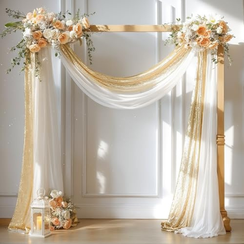PARTISKY Wedding Arch Draping Fabric, 1 Panel 28'' x19ft White Drapes & 16'' Champagne Sequin Fabric Arbor Backdrop Curtain for Ceremony Bridal Shower Reception