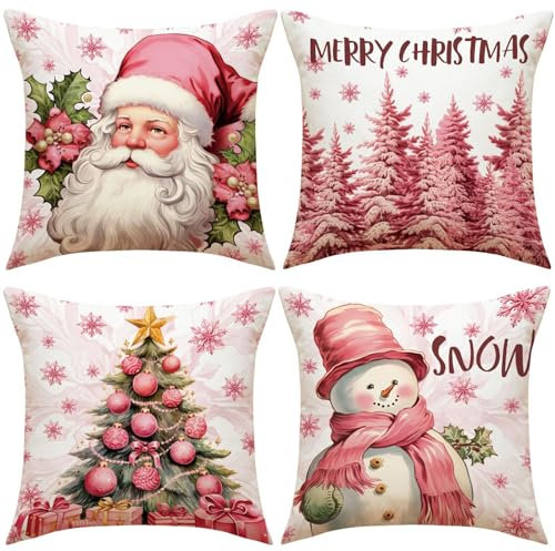 ESSECMBS 4Pcs Christmas Throw Pillow Covers 18 * 18inch Pink Cartoon Christmas Couch Pillow Cases Sofa Pillow Protectors Winter Holiday Home Decorations (4PCS B, 45 * 45cm/18 * 18inch)