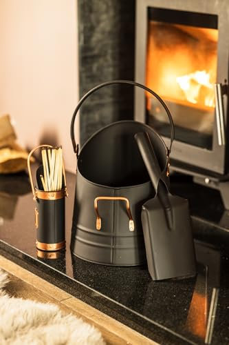 Marco Paul Heavy Duty Fireplace Coal Scuttle Bucket Shovel & Match Storage Box Fireplace Accessories Ash Bucket Wood Log Burner Fireside Fuel Store Metal Pit Coal Storage Bin Black & Bronze Metal Bin