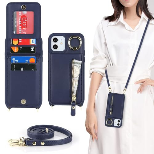 Zouzt for iPhone 12 Pro Max/iPhone 13 Pro Max 6.7 Inch Case with Cord and Card Holde, Zipper Wallet Case with Crossbody Lanyard Ring Adjustable Necklace Protective Cover Women - Blue