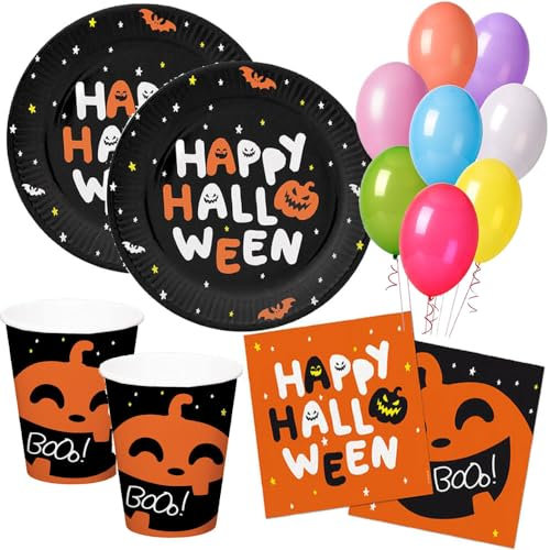 33-teiliges Party Set * HAPPY HALLOWEEN * bestehend aus: 6 Pappteller + 20 Servietten + 6 Pappbecher + + 25 Luftballons von CARPETA| Geschirr Party Deko Dekoration Kürbis Oktober