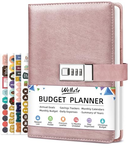 WEMATE Budget Planner 2025 with Lock, Monthly Budget Book with Expense Tracker Notebook, Undated Financial Planner to Manage Your Money, A5 Leather Account & Budget Book, Rose Gold