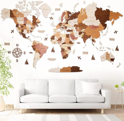 WOW WOOD® Mappa del Mondo in Legno 3D in Italiano - Decorazioni murali di Alta qualità | Montaggio a Parete Senza Attrezzi | Idea Regalo per Ogni ricorrenza (62.00 x 120.00 CMS, Colore del Legno)