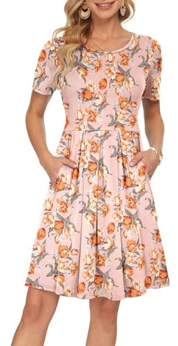 AUSELILY Kleider Damen Sommerkleid A Linie Freizeitkleid Kurzarm Plissee Loose Swing Knielang mit Taschen Rosa Tulpe XL