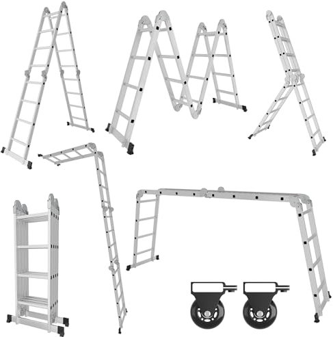 SWANEW Mehrzweckleiter Alu 4x4 Stufen, 4,70M Multifunktionsleiter mit Plattform und Abnehmbaren Rollen, 7 in 1 Vielzweckleiter Klappleiter 16 Sprossen