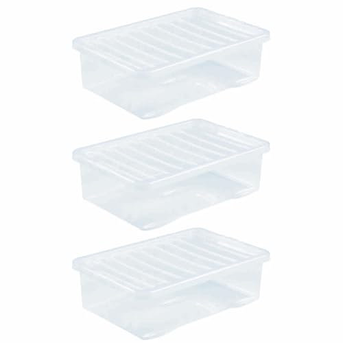 SIDSONS - 32 Litre Clear Under Bed Storage Box with Lid - Multi-Purpose Nestable & Stackable Storage Boxes - Space-Saving Transparent Clothes & Toys Organizer - Underbed Storage Solution - Set of 3