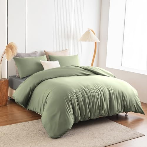 Soifox Bettwäsche 140x200 Salbeigrün - Bettwäsche Sets aus Mikrofaser Bügelfrei & Knitterfrei - 1 mal Bettbezug + 1 mal 80x80cm Kissenbezug mit Reißverschluss