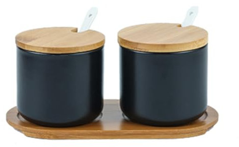 Ceramic Sugar Bowl, 250ml Sugar Pot with Spoon, Wooden Lid and Tray Spice Jar for Salt, Sugar, Coffee, Tea, Seasoning Box for Home Kitchen Coffee Bar, Set of 2 - Black