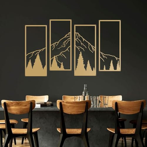 ruelen 4 Stück Große Metall Berg und Wald Wanddekorationen Strichzeichnung Wandkunst Minimalistische Wanddekoration Rustikale Natur Home Wandkunst Skulptur für Büro Wohnzimmer Schlafzimmer (Gold)