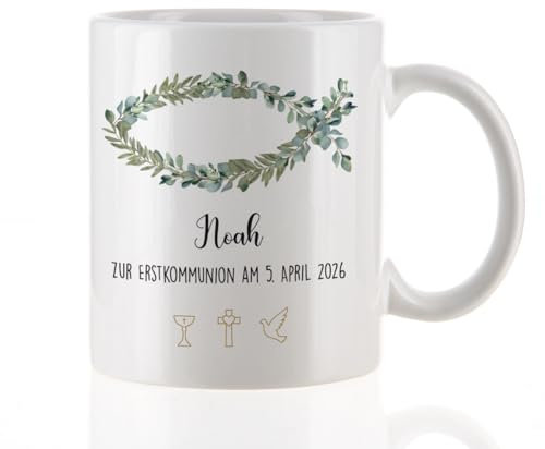 Striefchen® Keramiktasse zu Kommunion, Konfirmation oder Taufe, personalisiert, Motivauswahl (Eukalyptusfisch)