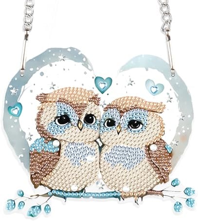 DCIDBEI DIY Diamond Painting Anhänger Eulen Ornamente 15x15cm | 5D Diamant Painting Kranz mit Kette Einseitig Diamant Malerei Wandbehang Pendant Plakette für Fenster Wand Eingang Decor