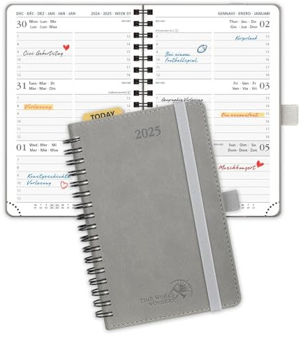 POPRUN Taschenkalender 2025 Klein Ringbuch mit Softcover, ca. A6 (16 x 10,5 cm) - Kalender 2025 Klein (Jan.2025-Dez.2025) - Terminplaner 1 Woche 2 Seite mit Plastiklineal - Grau