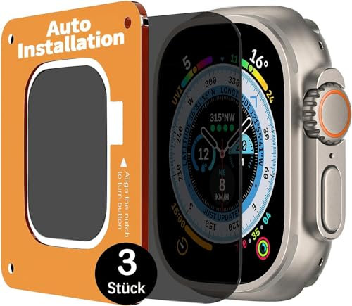 Uluck 3 Stück Panzerglas für Apple Watch Ultra 2/Ultra 49mm, 3 Stück 9H Privatsphäre Displayschutz mit Auto-Ausrichtungskit, Blasenfreie, Wasserdicht, Kratzfest, HD, Volle Abdeckung
