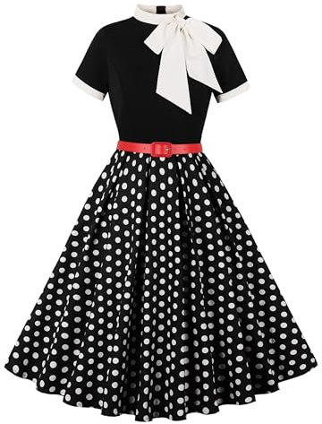 Wellwits Women's Bow Neck Polka Dots Formal Cocktail 50s Vintage Dress Black M