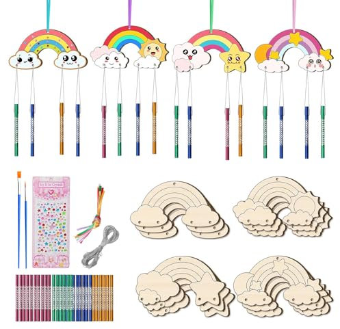 12 Stück Regenbogen Windspiel Bastelset Kinder, Kindergeburtstag Basteln Windspiel Basteln, Holz Klangspiel Basteln Bastelhandwerk, Regenbogen Holz Bastelset, Kreativsets Holzbastelsets für Kinder
