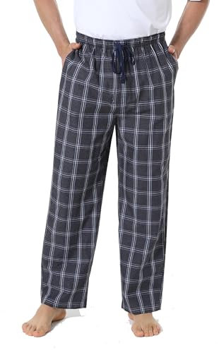 Jveyvth Pantalon de Pyjama 100% Coton pour Homme, Pantalons de Nuit Tissé à Carreaux, Pantalon de Pyjama D'intérieur Avec Poches