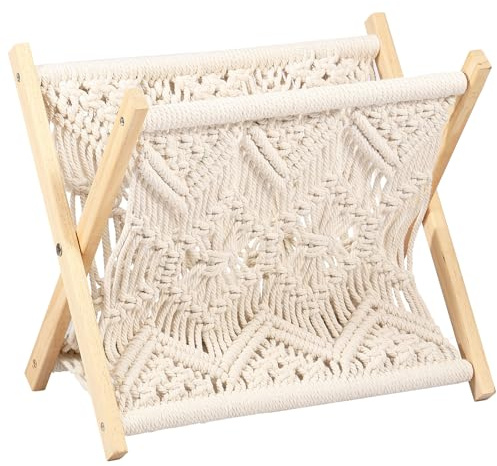 Newspaper Magazine Storage Rack, Nordic Wind Cotton Rope Woven Magazine Holder, Boho Folding Letter Rack with Solid Wood Weaving for Newspapers, Newsletters, Book, 33x18x26cm