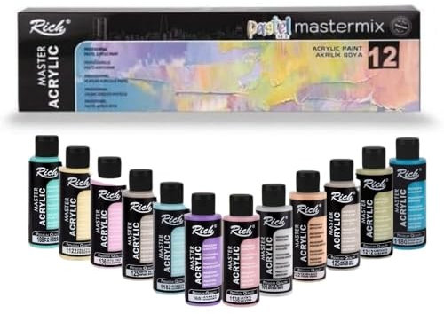 Rich Mastermix Pastel Acrylfarben-Set – 12 Zarte Pastellfarben x 60 ml, Hochwertige, Schnelltrocknende und Lichtechte Acrylfarbe, Ideal für Kreative Kunstprojekte, Gleichmäßige Deckkraft, Wasserfest