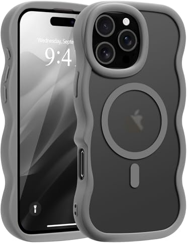 Pepmune Magnetic for iPhone 16 Pro Max Case Translucent Matte Grey | Compatible with Magsafe,Cute Curly Wave Frame Phone Case,Soft TPU Bumper Slim Fit Shockproof Protective Cover for Men-Grey