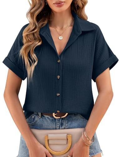 Heekpek Women's Cotton Blouses Shirts Ladies Summer Top Short Sleeve V-Neck Loose Fit Casual Tee Shirts