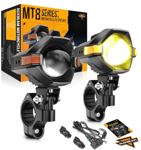Auxbeam Luces Antiniebla LED para Motocicleta Luces Auxiliares Luz de Conducción Reflectores 8 Modos Blanco/Ámbar Color Dual Estroboscópico Switchback 3 Pulgadas 60W Luz de Trabajo LED Todoterreno