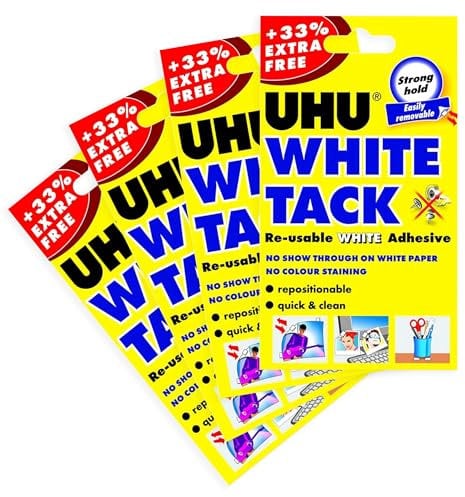 UHU White Tack – klebriger, wiederverwendbarer Klebekitt – 4 Stück