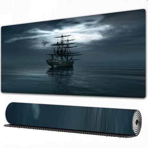 FEHWI Mauspad 90×40 cm Verlängertes großes Mauspad Schreibtischauflage,Jolly Roger am Himmel über dem Segelschiff,genähte Kanten Gaming Mauspad,rutschfeste Gummibasis