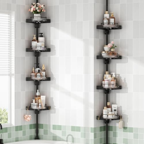 shuang qing 360° Rotating Corner Shower Caddy Tension Pole Organizer - 4-Tier Adjustable Rustproof Metal Pole, Plastic Shelves with Safety Guardrail, Bathroom Storage for Shower & Bathtub(Black)