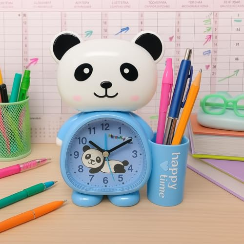 JRose Collections Wecker in Panda-Form – niedliche Kinder-Schreibtischuhr mit Stifthalter – geräuschloser analoger Alarm – batteriebetrieben (1 AA, nicht im Lieferumfang enthalten) – für Schlafzimmer