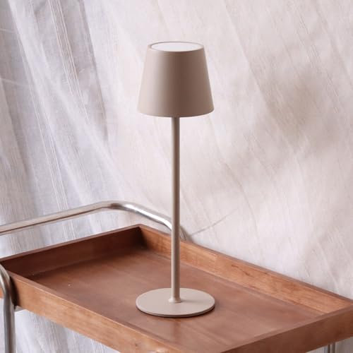 DILUMEN Tischlampe Dimmbar Kabellos,Wiederaufladbar Akku Tischleuchte mit Touch Control,Metall LED Akku Tischlampe mit USB-C,Wasserdichte Tischleuchte für Terrassen,Restaurants,5200mAh,Beige