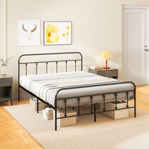 HOMCOM Cadre de lit 140 x 200 cm lit 2 Personnes en Acier avec sommier à Lattes, tête et Pied, Hauteur 33 cm avec Rangement, Charge 330Kg, Noir