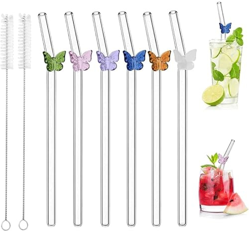 Nymora 6 Butterfly Glass Straws with 2 Cleaning Brushes - Reusable Glass Drinking Straws for Juices, Cocktails, Smoothies & More