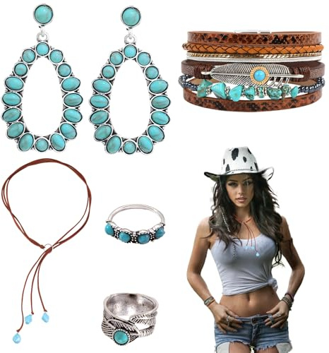 Scinzene 5 Stück Western Outfit Damen Zubehör -Halskette Ohrringen Ringen Armbändern, Boho Schmuck, Hippie Kleidung Damen Zubehör, Für Cowgirl, Hippie, Boho Style