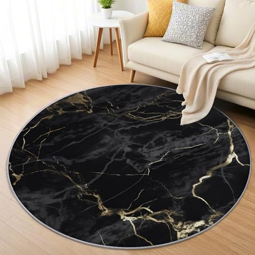 AevuCub Schwarz Gold Marmor Teppich Rund 160 Kurzflor - Waschbare Teppiche Wohnzimmer Modern Abstrakt - Runder Teppich 160 Durchmesser Kinderzimmer - Bettvorleger Schlafzimmer rutschfest Weich