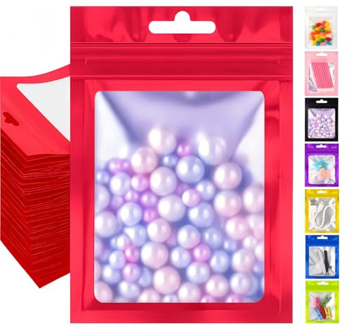 Plaphy 100 Bolsas Mylar de Aluminio Herméticas con Ventana (Rojo,12x20cm) | Bolsas Zip con Orificio para Colgar, Bolsas de Embalaje para Organización y Almacenamiento de Alimentos y Productos Pequeños