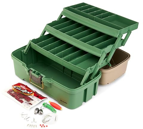 Plano Three-Tray Tackle Box Catfish Kit, Green/Tan, Rust-Proof Brass Latch, Top-Access Tray Compartments with Deep Storage, Made in the USA, Portable Fishing Gear Storage Organizer