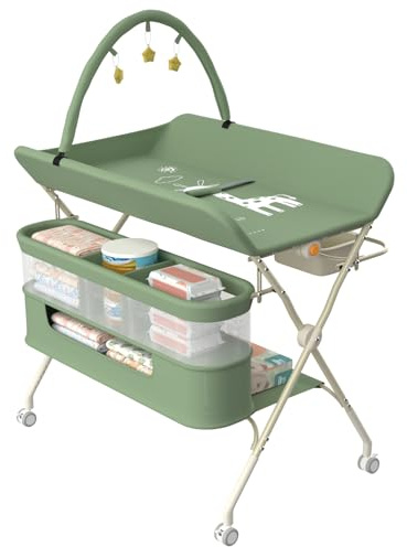 homewell 2 in 1 Baby Wickelkombi Spielzentrum, Höhenverstellbar, mobiler Wickeltisch klappbare mit Spielständer Sicherheitsgurt Aufbewahrungskorb Wickelauflage (Grün)