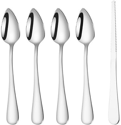 Serrated Grapefruit Spoons and Knife Set, Stainless Steel Grapefruit Curved Serving Utensils for Citrus Lemon Kiwi Melon Lime Apple Puree Pitaya Fruit Eating Tool (Silvery)