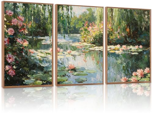 LHIUEM Monet Water Lilies Floral Framed Canvas Wall Art Set,Vintage Impressionist Botanical Wall Decor,Oil Paintings Style Flowers Artwork for Living Room,Bedroom,Dining Room,Office -16x24x3