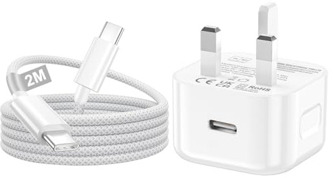 20W USB C Charger Fast Charging with 2M Type-C Cable and USBC UK Plug for Apple, iPhone Fast Charger Cable Lead Cord for iPhone 17/17/Air/16/15/Pro Max, iPad Pro/Air, Samsung, for Home Office Travel