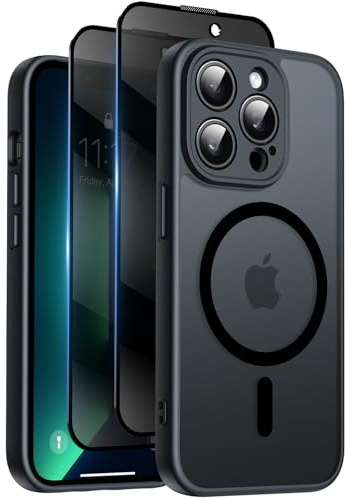 Qasyfanc for iPhone 13 Pro Case, Privacy Screen Protectors X2, Black | Compatible with MagSafe, Camera Protection, 15FT Military Drop Protection, Translucent Matte Shockproof Phone Cover