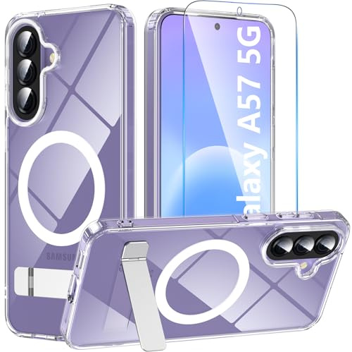 OWKEY Magnetische für Samsung Galaxy A57 5G Hülle mit Ständer,Transparent | mit Schutzfolie,Militär-Fallschutz,Stoßschutz,Kratzfeste Harte PC-Ruckseite,Robuster Transparenter TPU-Rahmen