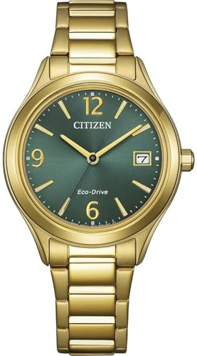 Citizen Eco-Drive Damenuhr Edelstahl, Grün, 33.5 mm, FE6122-64X | Analog Quartz, Kristallglas, 5 bar Wasserdicht, 240 Tage Gangreserve, Datum, Edelstahlband