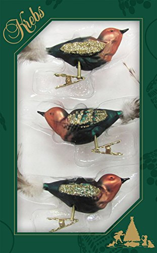 Krebs Glas Lauscha - Weihnachtsdekoration/Christbaumschmuck aus Glas - Vögel auf Clip - Farbe: grün/braun - 3 Stück - Größe: ca. 11 cm