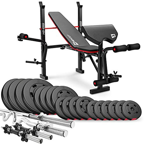 Hop-Sport Hantelbank mit Curlpult, Butterfly, Beincurler & klappbarer Trainingsbank, inkl. 92 kg Hantelset, Super- SZ-Stange, Langhantel, Kurzhanteln – Fitnessbank für Heimtraining
