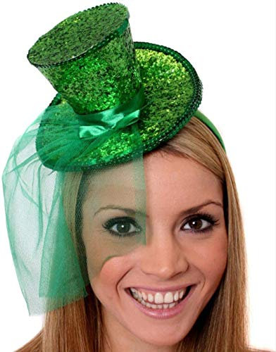 ADULTS IRISH HAT - MINI GREEN SEQUIN TOP HAT WITH ATTACHED GREEN FASCINATOR - ST PATRICKS DAY IRELAND HAT PARTY FANCY DRESS ACCESSORY (ONE SIZE FITS MOST)