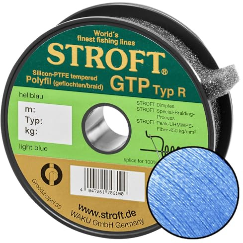 Schnur STROFT GTP Typ R geflochtene Angelschnur 100m hell blau 8-fach PE Braid, hohe Tragkraft, extrem abriebfest, rund & fest geflochten, für Spinnfischen & Raubfisch wie Barsch, Zander & Hecht