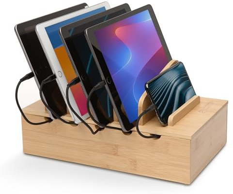 Prosumer's Choice Wooden Charging Station Organizer - 5-Port Base for Phones, Tablets and Laptops - Multi-Device Docking Station with Removable Divider Slots - Cord Box with Cable Management - Bamboo
